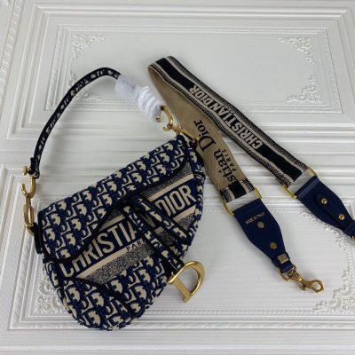 Wholesale Luxury Dior Navy/Gray Oblique Embroidery Saddle Bag