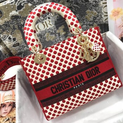 Wholesale Luxury Dior Aaa-Red Dots Medium Lady D-Lite Bag/Embroidered Logo