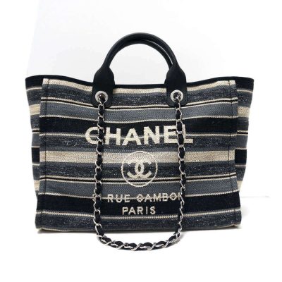 Alternative view of Wholesale Luxury Chanel Deauville Black Grey Striped Tweed Canvas Tote A66941