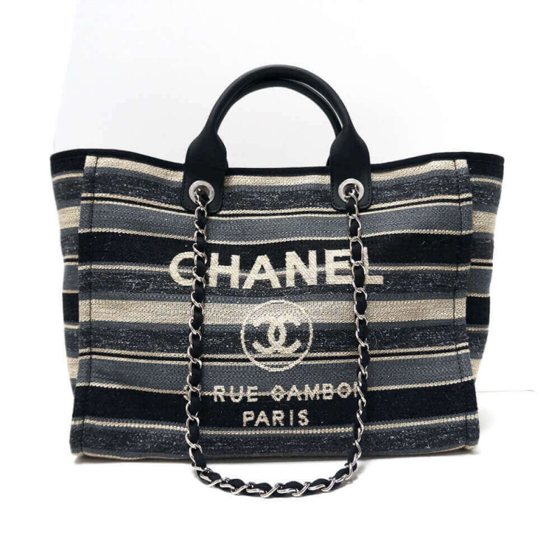Wholesale Luxury Chanel Deauville Black Grey Striped Tweed Canvas Tote A66941 - Image 2