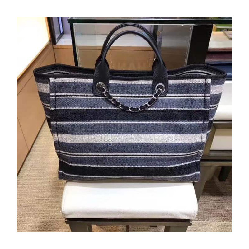 Wholesale Luxury Chanel Deauville Black Grey Striped Tweed Canvas Tote A66941 - Image 3