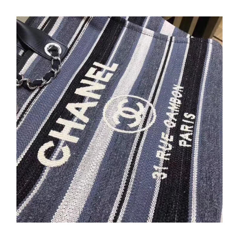 Wholesale Luxury Chanel Deauville Black Grey Striped Tweed Canvas Tote A66941 - Image 4