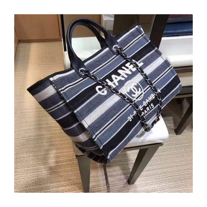 Wholesale Luxury Chanel Deauville Black Grey Striped Tweed Canvas Tote A66941 - Image 5