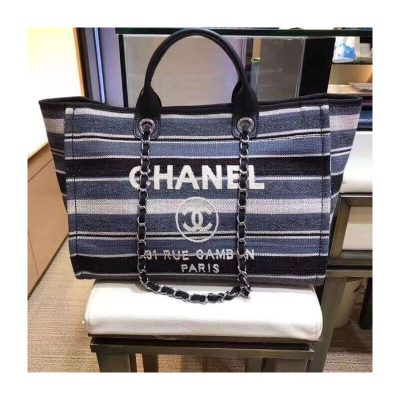 Wholesale Luxury Chanel Deauville Black Grey Striped Tweed Canvas Tote A66941