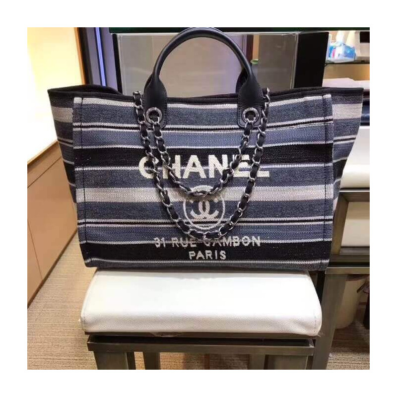 Wholesale Luxury Chanel Deauville Black Grey Striped Tweed Canvas Tote A66941 - Image 6
