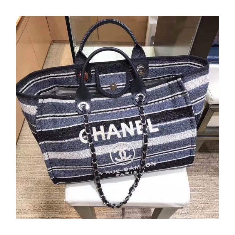 Wholesale Luxury Chanel Deauville Black Grey Striped Tweed Canvas Tote A66941 - Image 7