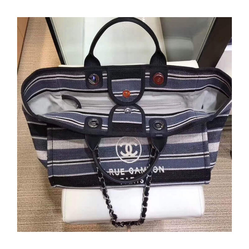 Wholesale Luxury Chanel Deauville Black Grey Striped Tweed Canvas Tote A66941 - Image 8