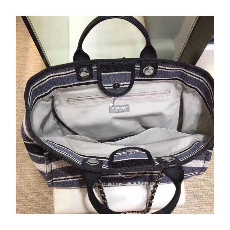 Wholesale Luxury Chanel Deauville Black Grey Striped Tweed Canvas Tote A66941 - Image 9