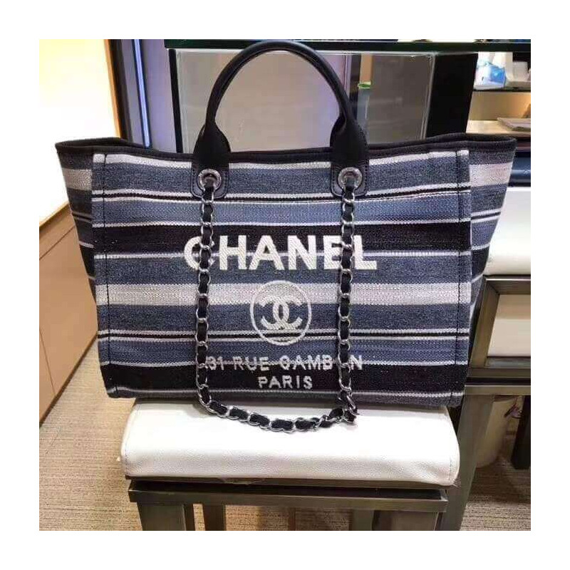 Wholesale Luxury Chanel Deauville Black Grey Striped Tweed Canvas Tote A66941