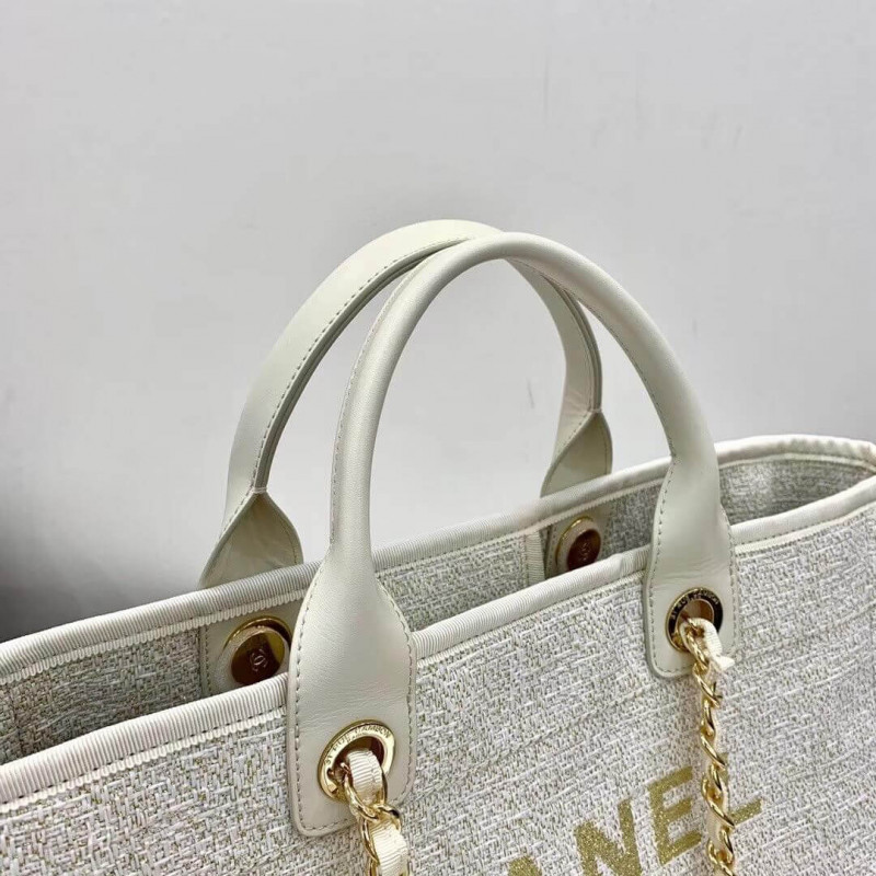 Wholesale Luxury Chanel Deauville Tote 38Cm Canvas Bag A66941 White/Gold - Image 4