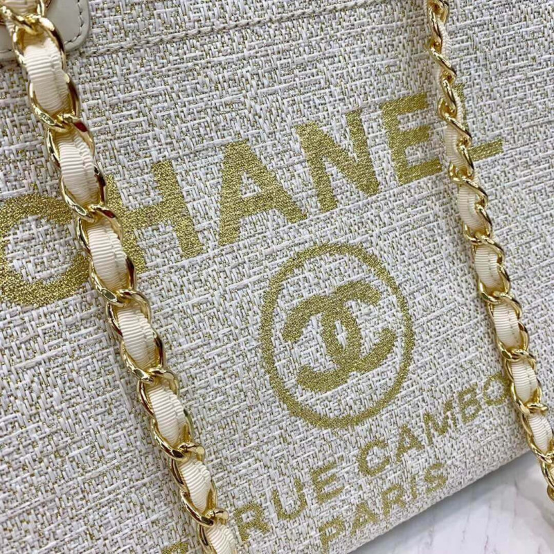 Wholesale Luxury Chanel Deauville Tote 38Cm Canvas Bag A66941 White/Gold - Image 5
