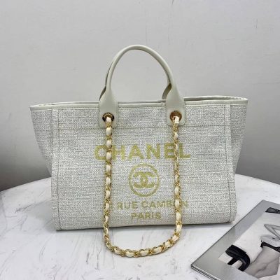 Wholesale Luxury Chanel Deauville Tote 38Cm Canvas Bag A66941 White/Gold