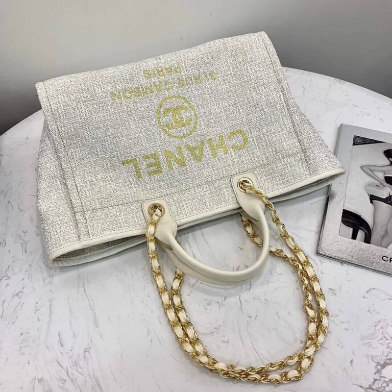Wholesale Luxury Chanel Deauville Tote 38Cm Canvas Bag A66941 White/Gold - Image 7
