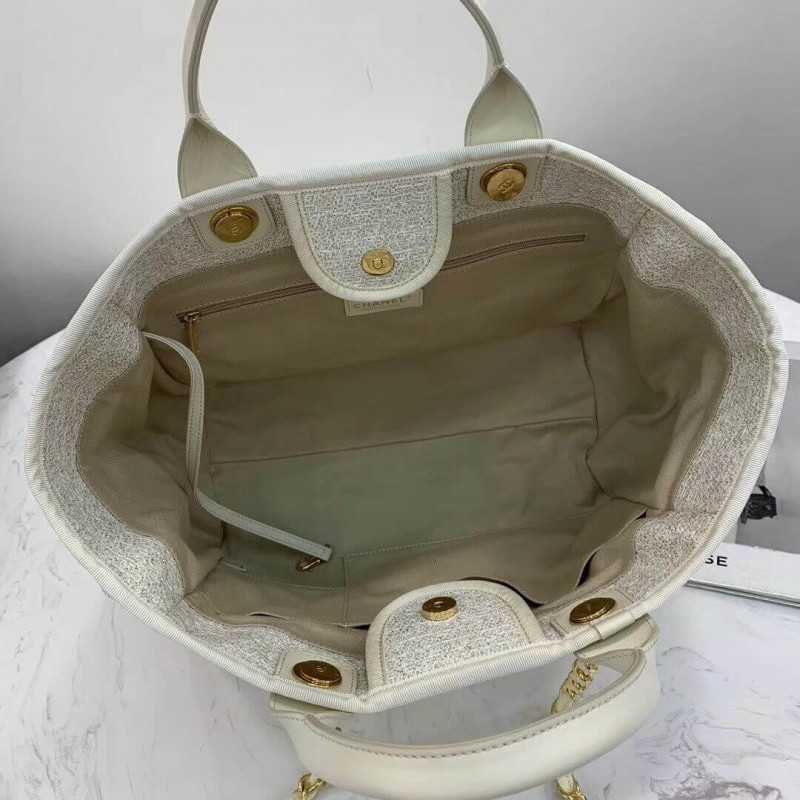 Wholesale Luxury Chanel Deauville Tote 38Cm Canvas Bag A66941 White/Gold - Image 9
