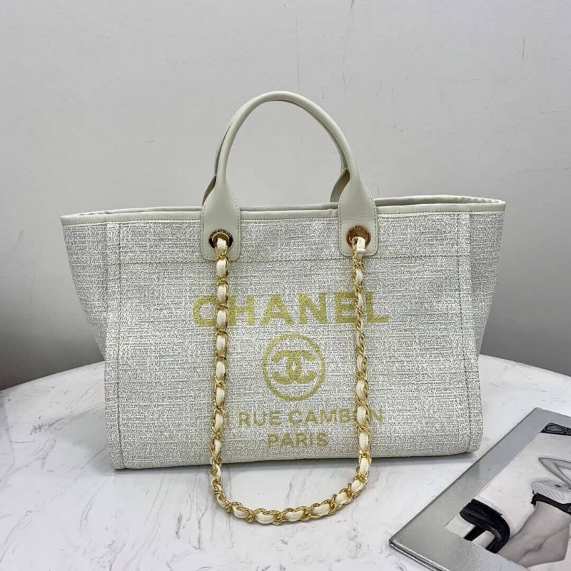 Wholesale Luxury Chanel Deauville Tote 38Cm Canvas Bag A66941 White/Gold