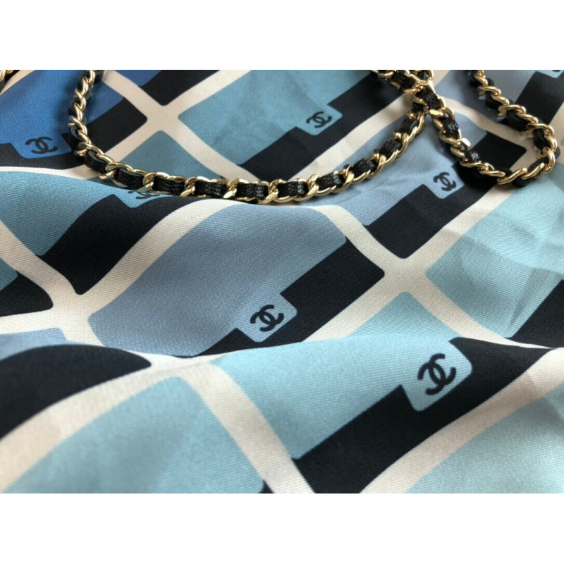 Wholesale Luxury Chanel Printed Fabric Foldable Tote Bag With Chain Ap2095 Blue - Image 5