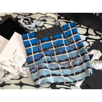 Wholesale Luxury Chanel Printed Fabric Foldable Tote Bag With Chain Ap2095 Blue