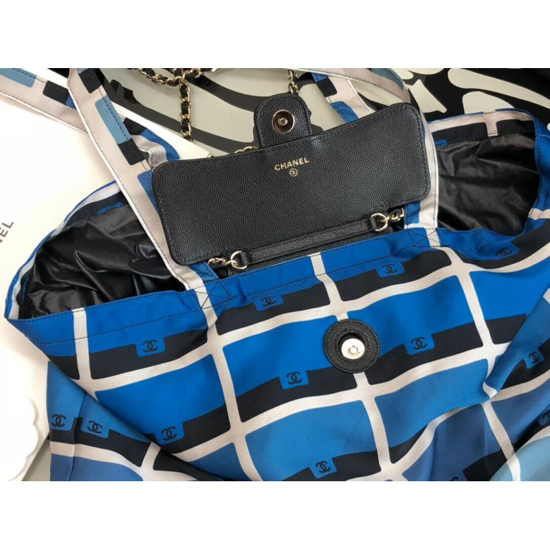 Wholesale Luxury Chanel Printed Fabric Foldable Tote Bag With Chain Ap2095 Blue - Image 6
