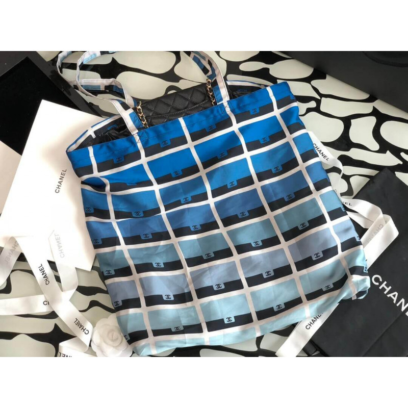 Wholesale Luxury Chanel Printed Fabric Foldable Tote Bag With Chain Ap2095 Blue - Image 8