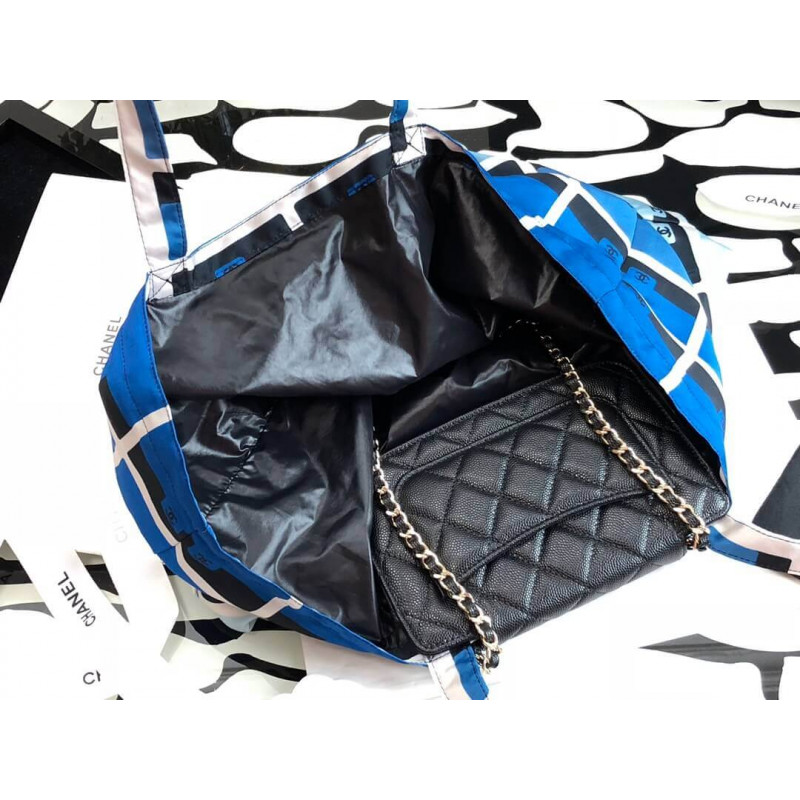 Wholesale Luxury Chanel Printed Fabric Foldable Tote Bag With Chain Ap2095 Blue - Image 9