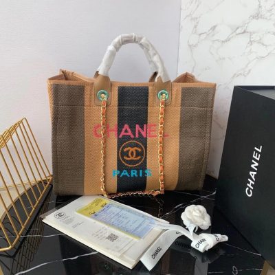 Wholesale Luxury Chanel Straw Raffia Calfskin Striped Large Deauville Tote A93786
