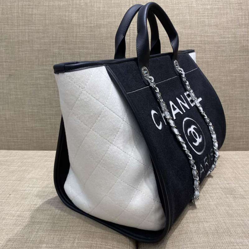 Wholesale Luxury Chanel Wool Felt Deauville Shopping Bag A60598 Black/White - Image 3