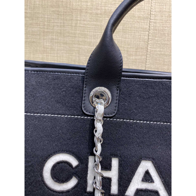 Wholesale Luxury Chanel Wool Felt Deauville Shopping Bag A60598 Black/White - Image 4
