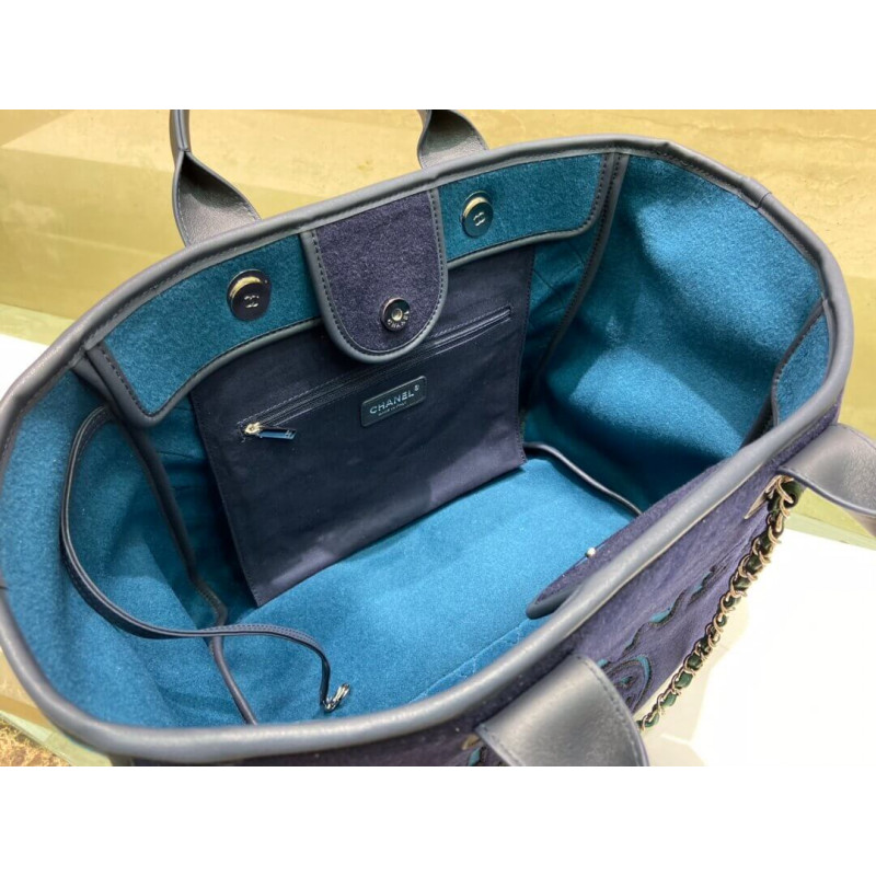 Wholesale Luxury Chanel Wool Felt Deauville Shopping Bag A60598 Blue - Image 5