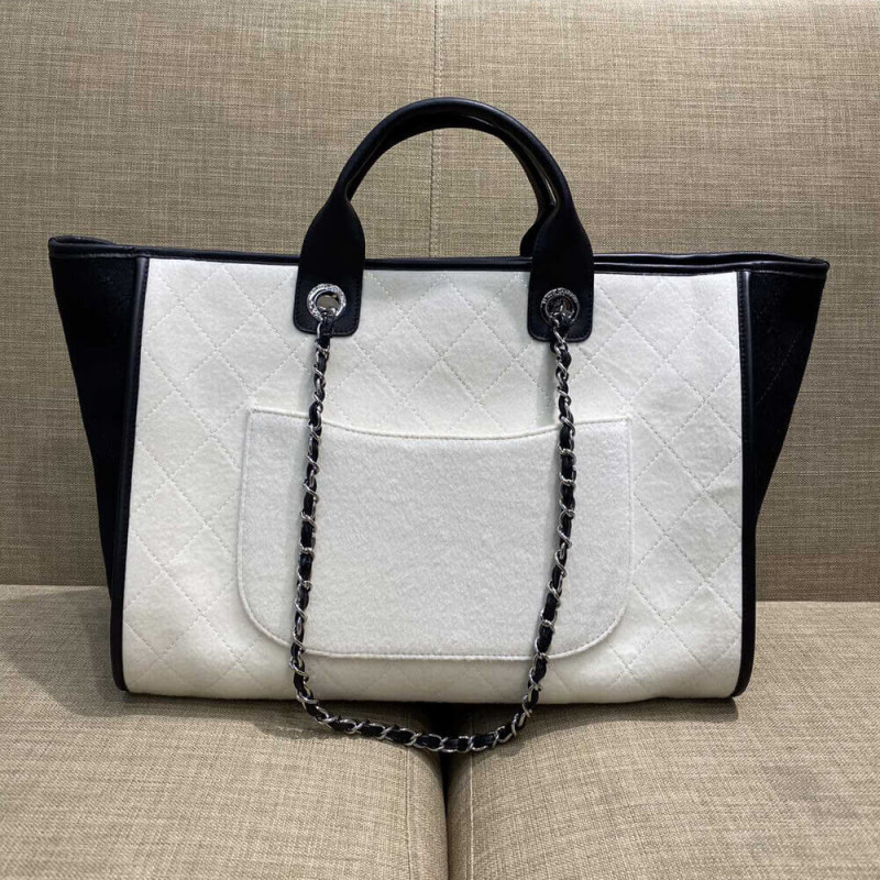Wholesale Luxury Chanel Wool Felt Deauville Shopping Bag A60598 White/Black - Image 2