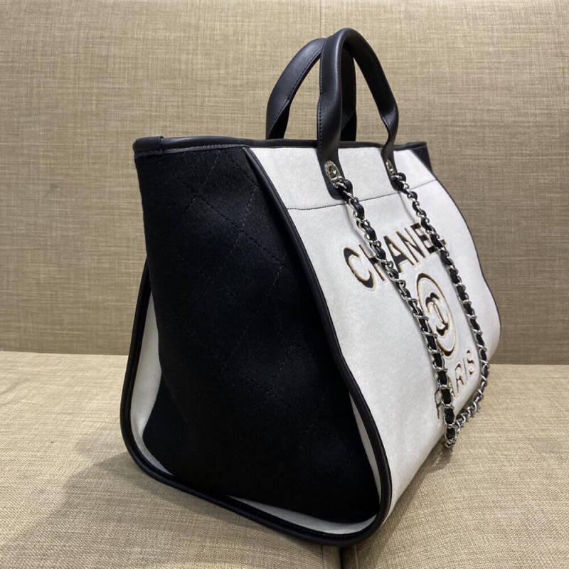 Wholesale Luxury Chanel Wool Felt Deauville Shopping Bag A60598 White/Black - Image 3