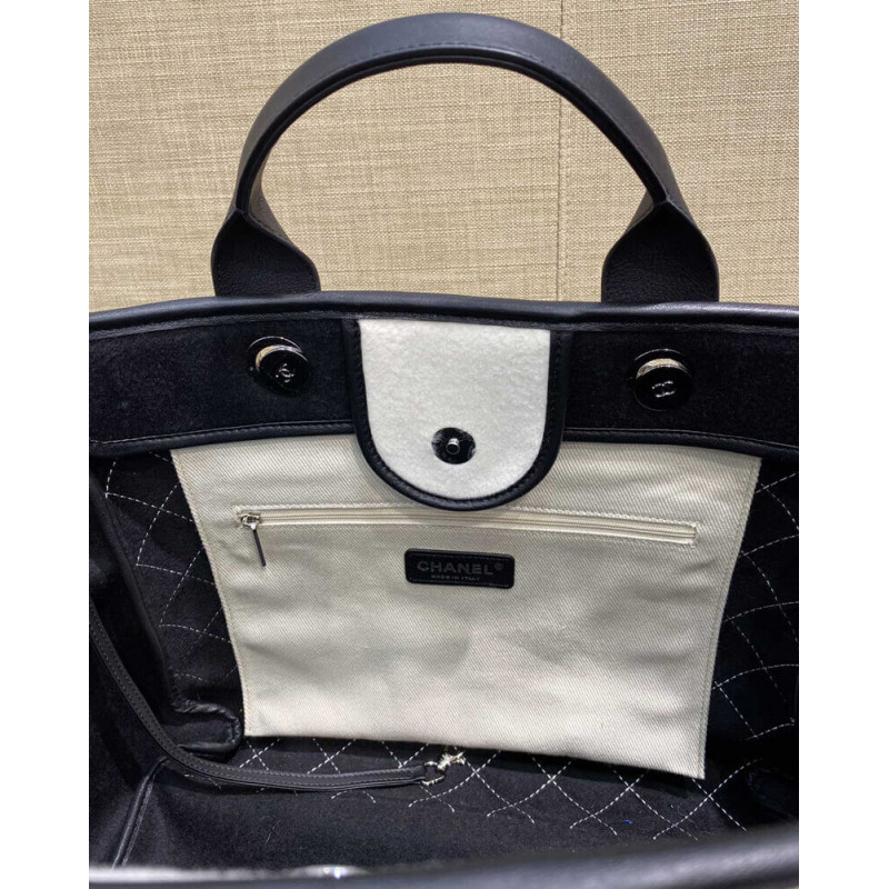 Wholesale Luxury Chanel Wool Felt Deauville Shopping Bag A60598 White/Black - Image 6
