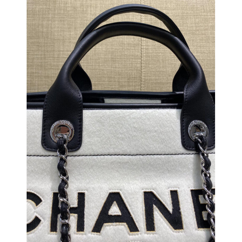 Wholesale Luxury Chanel Wool Felt Deauville Shopping Bag A60598 White/Black - Image 7