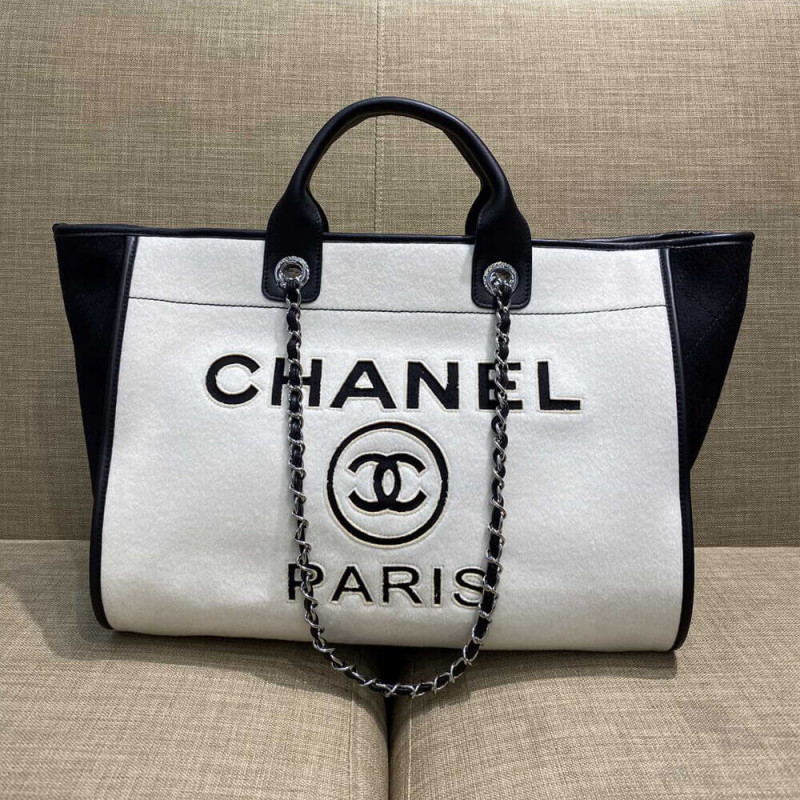 Wholesale Luxury Chanel Wool Felt Deauville Shopping Bag A60598 White/Black