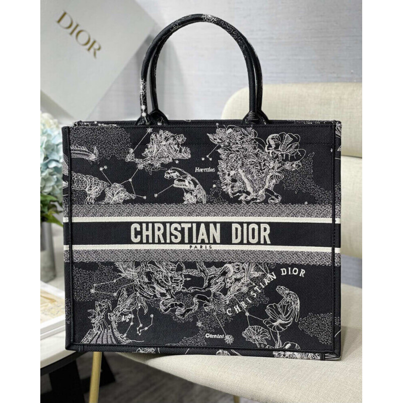 Wholesale Luxury Christian Dior Large Book Tote Black Toile De Jouy Zodiac Embroidery M1286