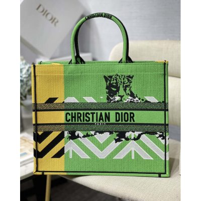 Wholesale Luxury Christian Dior Large Book Tote Bright Green And Orange D-Jungle Pop Embroidery M1286