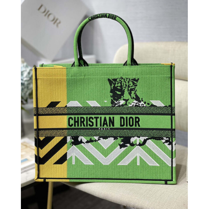 Wholesale Luxury Christian Dior Large Book Tote Bright Green And Orange D-Jungle Pop Embroidery M1286