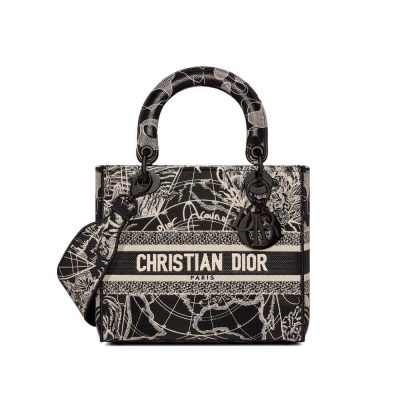 Wholesale Luxury Christian Dior Medium Lady D-Lite Bag Black And White Around The World Embroidery M0565