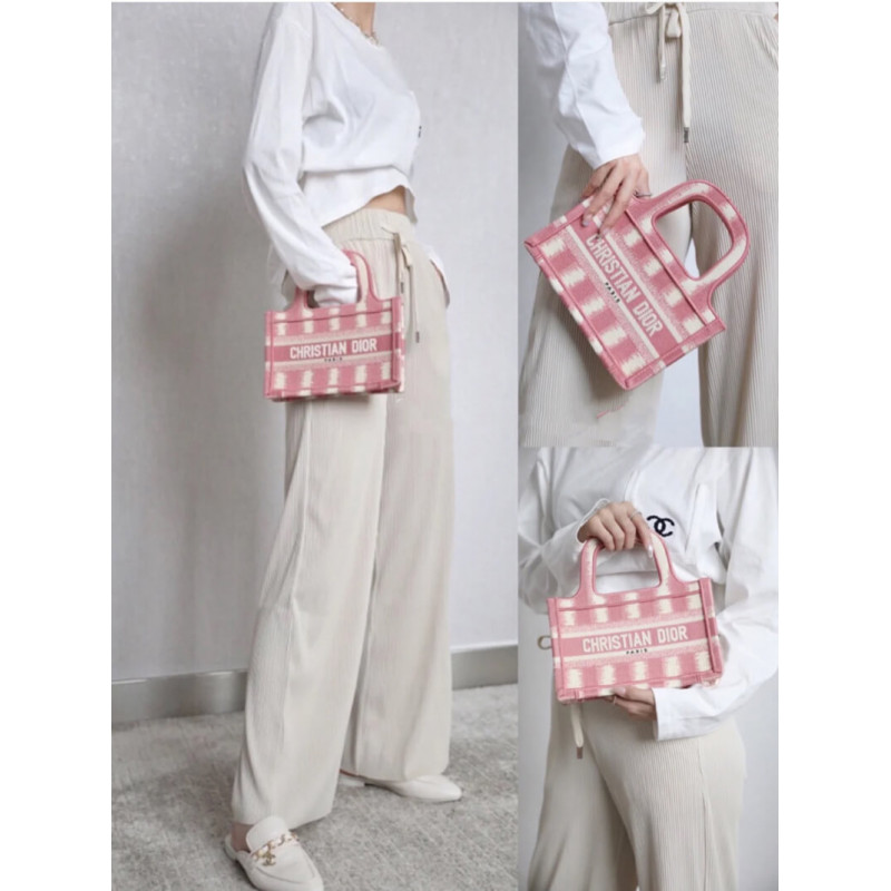 Wholesale Luxury Christian Dior Mini Book Tote Pink D-Stripes Embroidery S5475 - Image 2