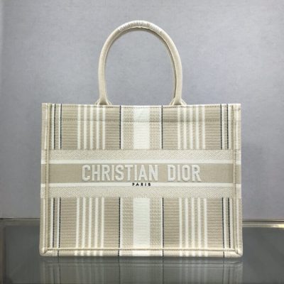 Wholesale Luxury Dior Small Book Tote Beige Stripes Embroidery M1296