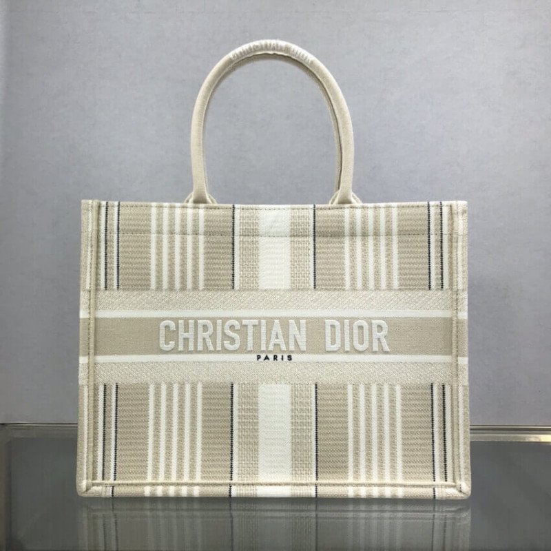 Wholesale Luxury Dior Small Book Tote Beige Stripes Embroidery M1296