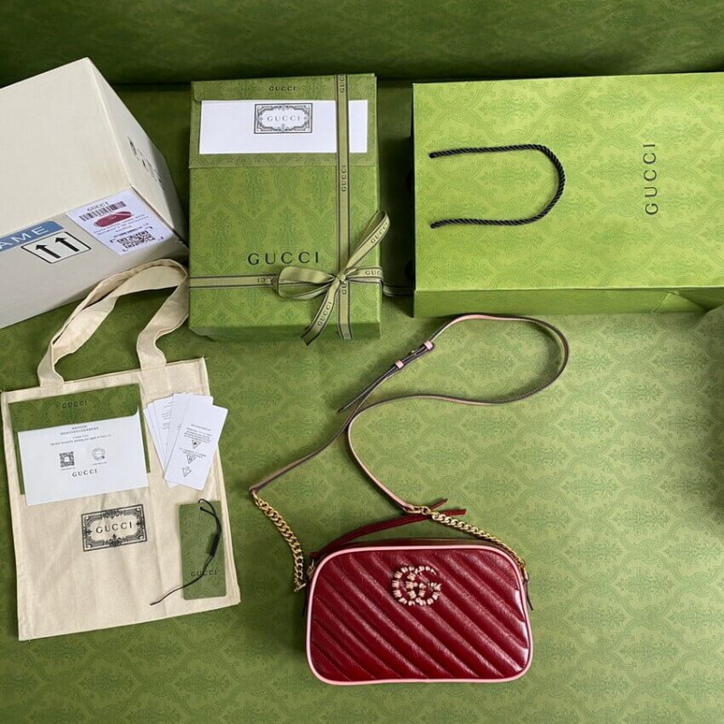 Wholesale Luxury Gucci Gg Marmont Small Shoulder Bag 447632 Red And Emerald Leather - Image 11