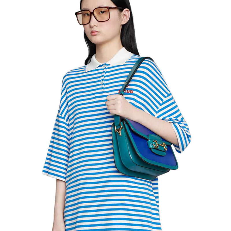 Wholesale Luxury Gucci Horsebit 1955 Small Shoulder Bag 602204 Blue And Green Leather - Image 2