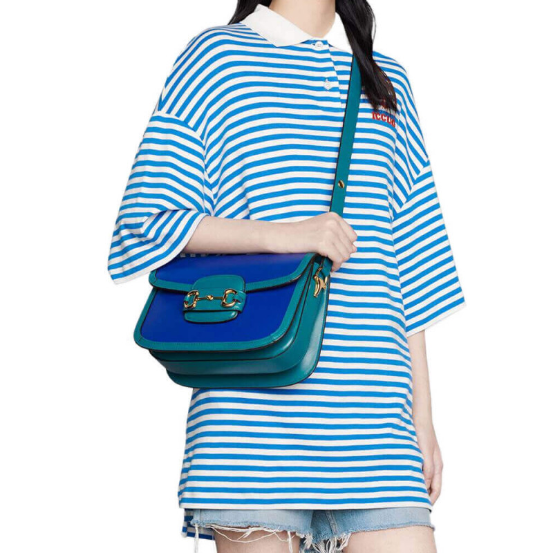 Wholesale Luxury Gucci Horsebit 1955 Small Shoulder Bag 602204 Blue And Green Leather - Image 3