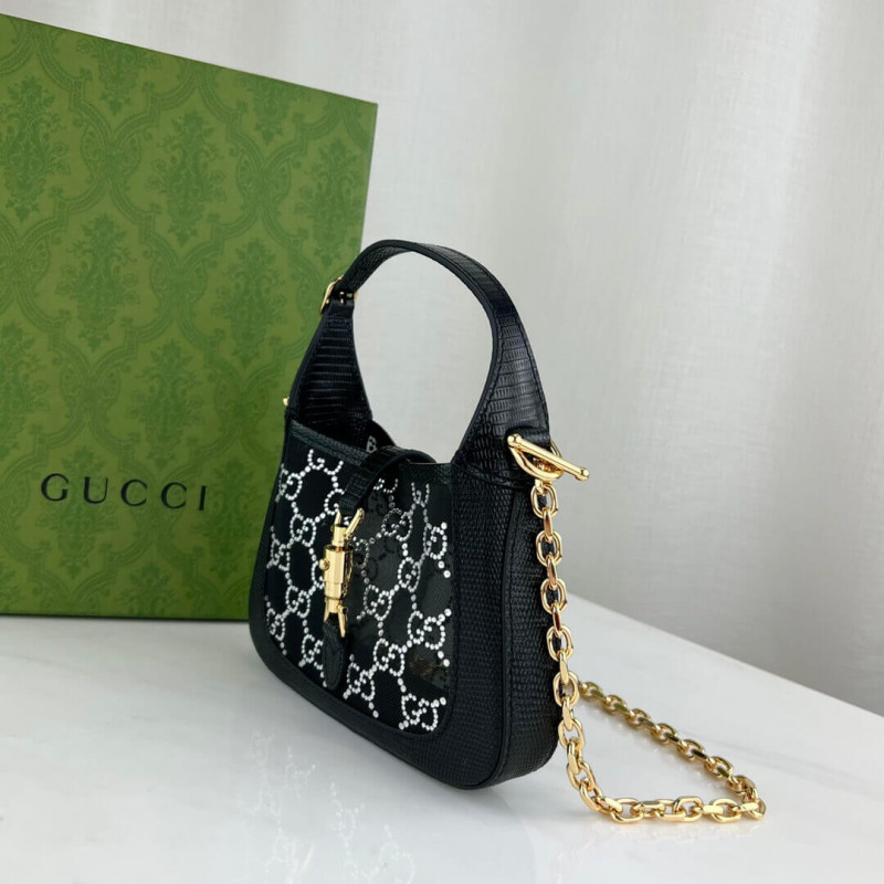 Wholesale Luxury Gucci Jackie 1961 Mini Crystal Gg Lizard Bag 677027 Black - Image 3