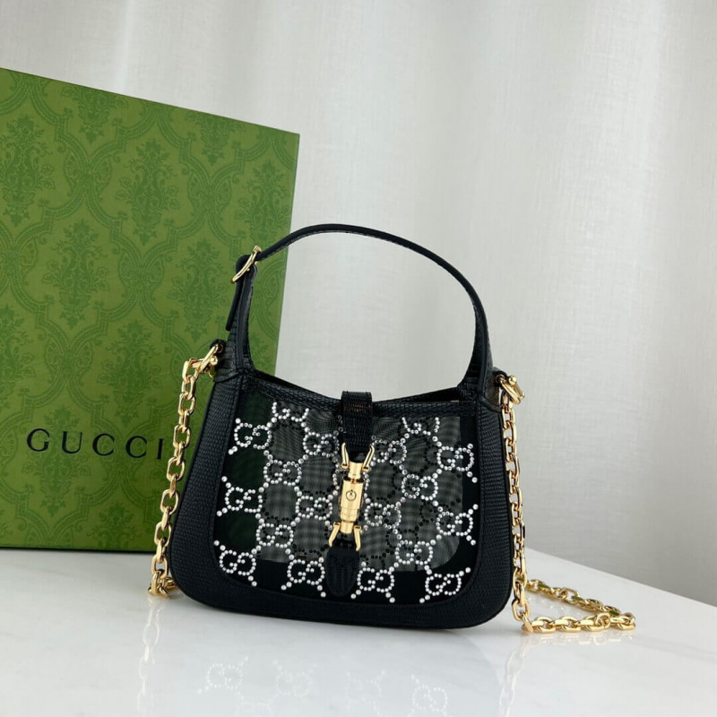 Wholesale Luxury Gucci Jackie 1961 Mini Crystal Gg Lizard Bag 677027 Black - Image 4