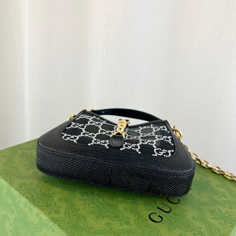 Wholesale Luxury Gucci Jackie 1961 Mini Crystal Gg Lizard Bag 677027 Black - Image 6