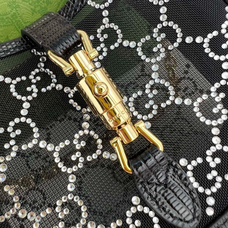 Wholesale Luxury Gucci Jackie 1961 Mini Crystal Gg Lizard Bag 677027 Black - Image 7