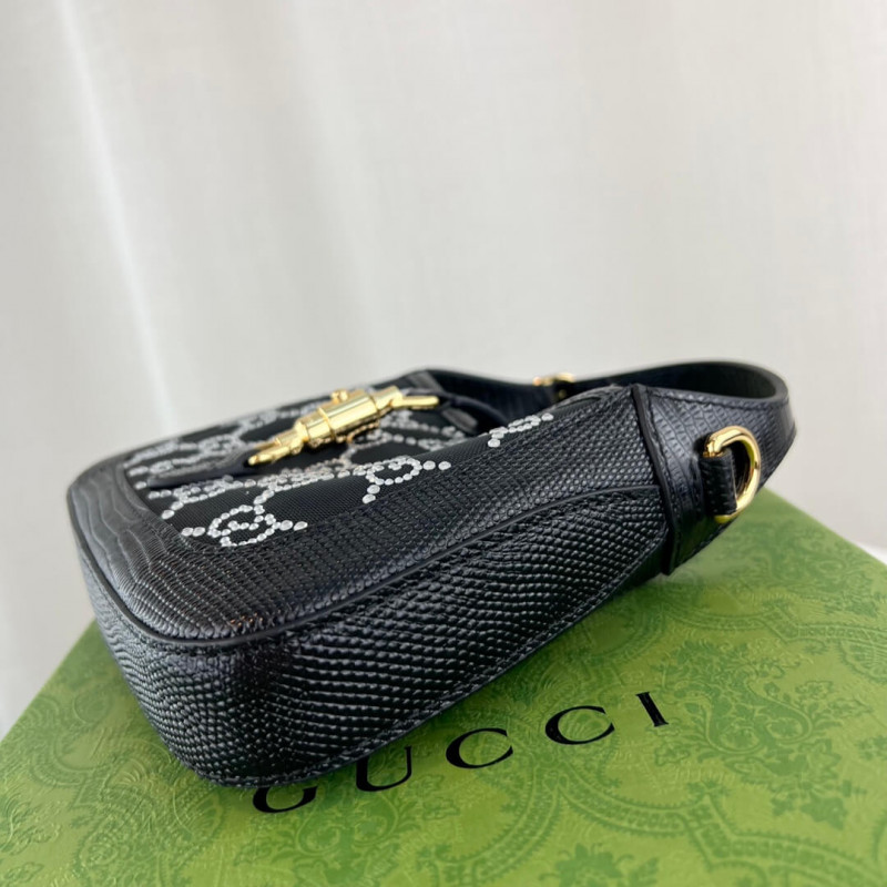 Wholesale Luxury Gucci Jackie 1961 Mini Crystal Gg Lizard Bag 677027 Black - Image 9