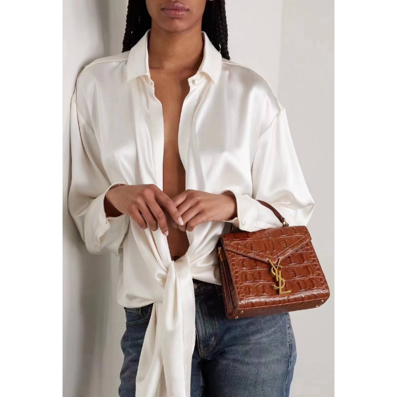 Wholesale Luxury Ysl Saint Laurent Cassandra Mini Top Handle Bag In Caiman Embossed Leather 602716 Brown - Image 2