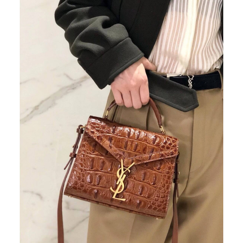 Wholesale Luxury Ysl Saint Laurent Cassandra Mini Top Handle Bag In Caiman Embossed Leather 602716 Brown - Image 3